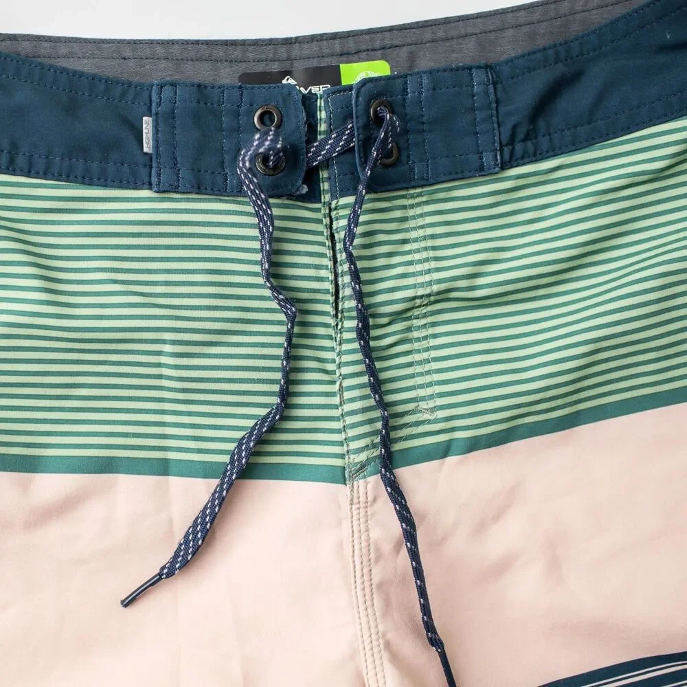 Quiksilver Highline Board Shorts Youth Boys 28/14 Green Blue Striped Surf Swim